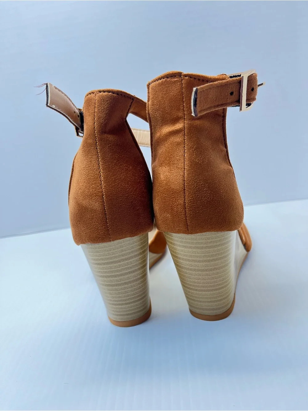 Tan Suede-Like Ankle-Strap Wedge Heels